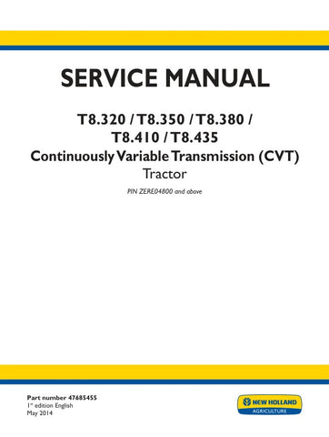 Introducing the NEW HOLLAND T8.320, T8.350, T8.380, T8.410, T8.435 (CVT) + (PST) 2IN1 SERVICE MANUAL (47685455) - a comprehensive PDF file designed for the dedicated operator and technician. This essential manual provides detailed insights into the operation and maintenance of your New Holland T8 series tractors, ensuring you get the most out of your investment.