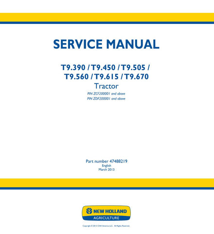 Unlock the full potential of your New Holland T9 series tractors with the comprehensive Service Manual (Part No. 47488219) available in a convenient PDF format. This essential guide covers models T9.390, T9.450, T9.505, T9.560, T9.615, and T9.670, providing detailed instructions for maintenance, troubleshooting, and repairs. With clear diagrams and step-by-step procedures, you can ensure optimal performance and longevity of your equipment, saving time and money on costly repairs. Equip yourself with the