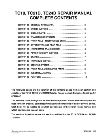 Unlock the full potential of your New Holland TC18, TC21D, and TC24D tractors with the comprehensive Service Manual (Part Number: 87032528) in PDF format. This essential guide provides detailed instructions, diagrams, and troubleshooting tips to ensure your equipment runs smoothly and efficiently. Whether you're performing routine maintenance or tackling complex repairs, this manual is your go-to resource for maximizing performance and longevity. Don't miss out on the opportunity to enhance your tractor's 