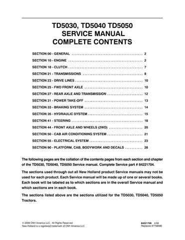 Unlock the full potential of your New Holland TD5030, TD5040, and TD5050 tractors with the comprehensive Service Manual (84221704) in PDF format. This essential resource is designed to provide you with detailed insights into maintenance, troubleshooting, and repair procedures, ensuring your equipment operates at peak performance.
