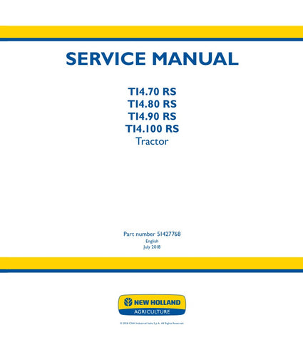 nlock the full potential of your New Holland TI4 series tractors with the comprehensive Service Manual (51427768) in PDF format. This essential guide covers the TI4.70 RS, TI4.80 RS, TI4.90 RS, and TI4.100 RS models, providing detailed instructions for maintenance, troubleshooting, and repairs. With easy navigation and clear diagrams, this manual ensures you can keep your equipment running smoothly and efficiently, saving you time and money on costly repairs. Invest in your tractor's longevity and