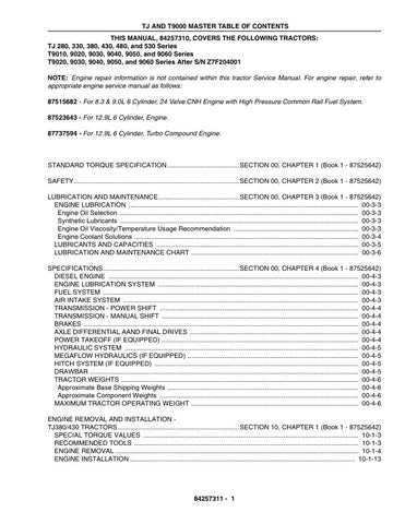 Unlock the full potential of your New Holland equipment with the comprehensive Service Manual (84257310) for models TJ280, TJ330, TJ380, TJ430, TJ480, TJ530, T9010, T9020, T9030, T9040, T9050, and T9060. This PDF file is an essential resource for operators and technicians alike, providing detailed insights into maintenance, troubleshooting, and repair procedures.