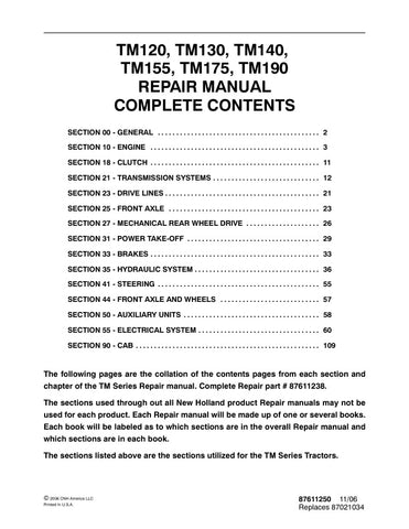 Unlock the full potential of your New Holland TM series tractors with the comprehensive Repair Manual (Part No. 87611250). This PDF file is meticulously designed to provide you with detailed insights and step-by-step instructions for the TM120, TM130, TM140, TM155, TM175, and TM190 models. Whether you're a seasoned mechanic or a DIY enthusiast, this manual is an essential resource for maintaining and repairing your equipment efficiently.