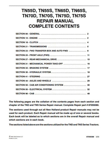 Unlock the full potential of your New Holland TN series tractors with the comprehensive Repair Manual (Part No. 87059388) available in PDF format. This essential guide covers models TN55D, TN55S, TN65D, TN65S, TN70D, TN70S, TN75D, and TN75S, providing detailed instructions for maintenance, troubleshooting, and repairs. With clear diagrams and step-by-step procedures, you'll save time and money while ensuring your equipment runs smoothly and efficiently. Don't wait—download your manual today and keep your