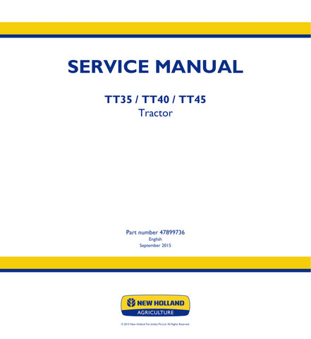 Discover the ultimate resource for your New Holland TT35, TT40, and TT45 tractors with the comprehensive service manual (part number 47899736) available in a convenient PDF format. This manual is designed to provide you with detailed information on maintenance, troubleshooting, and repair procedures, ensuring your tractor operates at peak performance.