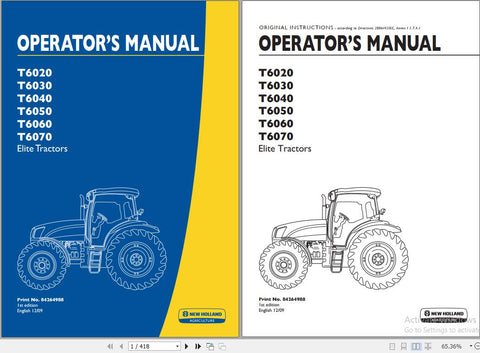 New Holland T6020, T6030, T6040, T6050, T6060, T6070 Tractor Operator’s Manual 84264988