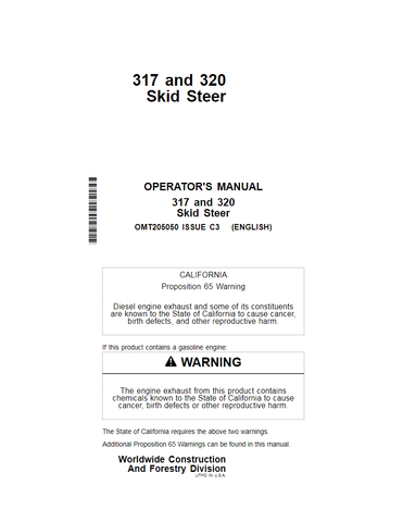 John Deere 317, 320 Skid Steer Loader Operator's Manual OMT205050 - PDF File Download