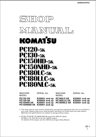 PC120-5K, PC130-5K, PC150HD-5K, PC150NHD-5K, PC180LC-5K, PC180LLC-5K, PC180NLC-5K Shop Manual - Komatsu Hydraulic Excavator PDF File Download