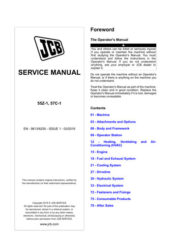Enhance your maintenance capabilities with the JCB 55Z-1 and 57C-1 Mini Excavator Service Manual (Part No. 9813/6250). This comprehensive guide is designed specifically for these models, providing detailed instructions and diagrams to ensure efficient servicing and repairs.