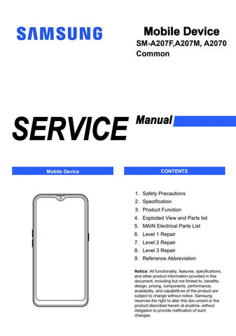 Unlock the full potential of your Samsung Galaxy A20s with our comprehensive service manual (SM-A207F, SM-A207M, SM-A2070) in PDF format. This essential guide provides detailed instructions, troubleshooting tips, and technical specifications to help you maintain and repair your device with confidence. Whether you're a DIY enthusiast or a professional technician, this manual is your go-to resource for ensuring optimal performance and longevity of your smartphone. Download now and take the first step towards 