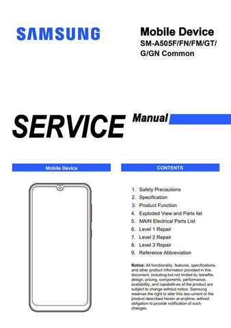 Unlock the full potential of your Samsung Galaxy A50 with our comprehensive Service Manual (SM-A505F, SM-A505FN, SM-A505FM, SM-A505GT, SM-A505G, SM-A505GN) in PDF format. This essential guide provides detailed troubleshooting steps, repair instructions, and technical specifications, ensuring you have everything you need to maintain and optimize your device. Whether you're a technician or a DIY enthusiast, this manual is your go-to resource for efficient repairs and upgrades, helping you extend the life of