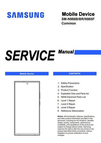 Unlock the full potential of your Samsung Galaxy Note 20 Ultra with our comprehensive service manual (SM-N986B/BR/N985F) in PDF format. This essential guide provides detailed instructions, troubleshooting tips, and maintenance advice to ensure your device operates at its best. Perfect for both tech enthusiasts and everyday users, this manual empowers you to tackle any issue with confidence, enhancing your smartphone experience. Download now and take the first step towards mastering your device!