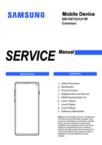 Unlock the full potential of your Samsung Galaxy S10 with our comprehensive Service Manual (SM-G973U, SM-G973U1, SM-G973W) in PDF format. This essential guide provides detailed instructions, troubleshooting tips, and technical specifications to help you maintain and repair your device with confidence. Whether you're a tech enthusiast or a professional technician, this manual is your go-to resource for ensuring optimal performance and longevity of your Galaxy S10. Download now and take the first step towards