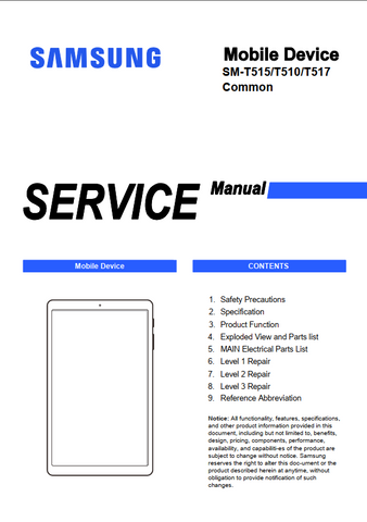 Unlock the full potential of your Samsung Galaxy Tab A 10.1 with our comprehensive service manual (models SM-T515, SM-T517, SM-T510) in PDF format. This essential guide provides detailed troubleshooting tips, repair instructions, and maintenance advice, ensuring your device operates at peak performance. Whether you're a tech enthusiast or a professional technician, this manual is your go-to resource for efficient repairs and upgrades, making it an invaluable addition to your toolkit. Download now and