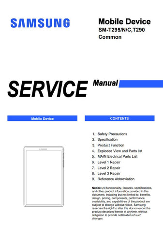 Unlock the full potential of your Samsung Galaxy Tab A 8.0 with our comprehensive service manual (models SM-T295, SM-T295N, SM-T295C, SM-T290) in PDF format. This essential guide provides detailed troubleshooting tips, repair instructions, and maintenance advice, ensuring your device operates at peak performance. Whether you're a tech enthusiast or a professional technician, this manual is your go-to resource for efficient repairs and upgrades, making it a must-have for anyone looking to extend the life of 
