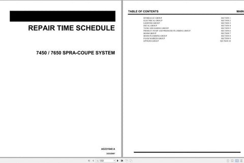Introducing the SPRA COUPE EU 7450, 7650 Sprayer System Repair Time Schedule Manual (AG331640A) - your essential guide for maintaining optimal performance of your sprayer systems. This comprehensive PDF file provides detailed repair schedules, ensuring you have the right information at your fingertips to keep your equipment running smoothly.