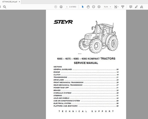 Discover the ultimate resource for your STEYR 4065, 4075, 4085, and 4095 Kompakt Tractors with the comprehensive Service Manual (Part No. 87744420B). This PDF file is meticulously designed to provide you with all the essential information needed for maintenance, troubleshooting, and repairs, ensuring your tractor operates at peak performance.