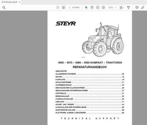 Unlock the full potential of your STEYR Kompakt tractor with the comprehensive service manual for models 4065, 4075, 4085, and 4095. This PDF file, catalog number 87744422B, is an essential resource for both seasoned mechanics and DIY enthusiasts, providing detailed insights into maintenance, troubleshooting, and repair procedures.