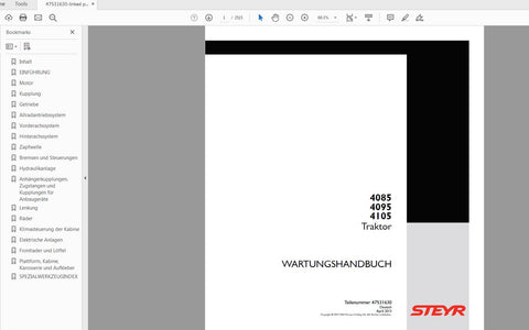 Discover the ultimate resource for your STEYR 4085, 4095, and 4105 tractors with the comprehensive Service Manual (Part Number: 47531630). This PDF file is designed to provide you with detailed insights and step-by-step instructions, ensuring that you can maintain and repair your tractor with confidence.