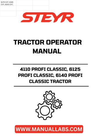 Enhance your operational efficiency with the STEYR 4110, 6125, and 6140 PROFI CLASSIC Tractor Operator Manual (Part No. 47897334). This comprehensive guide is designed to provide you with essential information and insights to maximize the performance of your tractor. Whether you're a seasoned operator or new to the STEYR family, this manual is an invaluable resource for understanding your machine's capabilities.