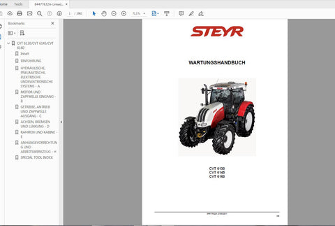 Enhance your maintenance routine with the STEYR 6130, 3145, 6160 CVT Tractor Service Manual (Part No. 84477632A). This comprehensive PDF file is designed to provide you with all the essential information needed to keep your tractor running smoothly and efficiently.
