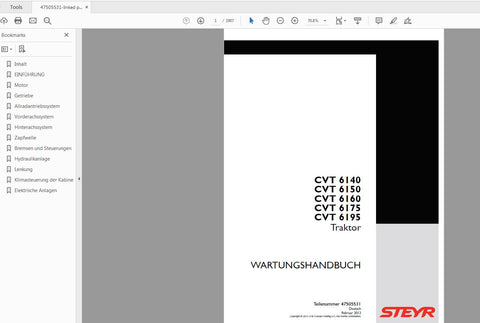 Discover the ultimate resource for your STEYR CVT tractor with the comprehensive service manual for models 6140, 6150, 6160, 6175, and 6195. This PDF file, catalog number 47505531, is designed to provide you with detailed insights and instructions to keep your tractor running smoothly and efficiently.