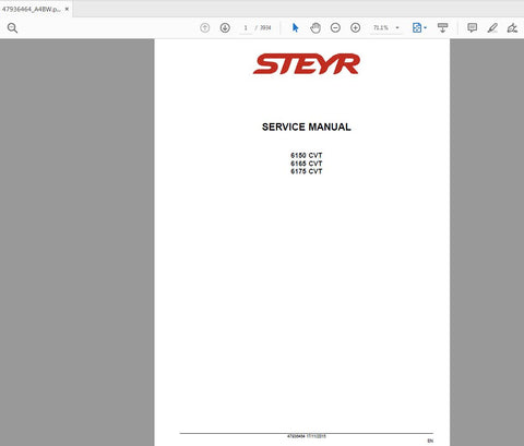 Discover the ultimate resource for your STEYR 6150, 6165, and 6175 CVT tractors with the comprehensive Service Manual (47936464_A4BW) in PDF format. This essential guide is designed to provide you with detailed insights and step-by-step instructions for maintenance, troubleshooting, and repairs, ensuring your machinery operates at peak performance.