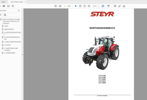 Unlock the full potential of your STEYR 6165, 6180, 6200, 6210, and 6225 CVT tractors with the comprehensive Service Manual (84172744A) available in PDF format. This essential guide is designed to provide you with detailed insights into maintenance, troubleshooting, and repair procedures, ensuring your tractor operates at peak performance.