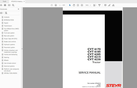Unlock the full potential of your STEYR 6170, 6185, 6205, 6215, and 6230 CVT tractors with our comprehensive Service Manual (Part No. 47524313). This PDF file is an essential resource for both seasoned mechanics and DIY enthusiasts, providing detailed insights into maintenance, troubleshooting, and repair procedures tailored specifically for your tractor model.