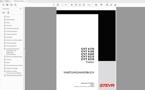 Unlock the full potential of your STEYR 6170, 6185, 6205, 6215, and 6230 CVT tractors with the comprehensive Service Manual (Part No. 47524316). This PDF file is an essential resource for both seasoned mechanics and DIY enthusiasts, providing detailed insights into maintenance, troubleshooting, and repair procedures tailored specifically for your tractor model.