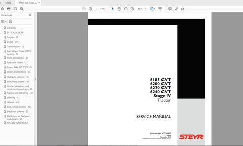 Discover the ultimate resource for maintaining your STEYR 6185, 6200, 6220, and 6240 Stage IV tractors with the comprehensive Service Manual (Part Number: 47936457). This PDF file is designed to provide you with detailed insights and step-by-step instructions, ensuring that you can perform repairs and maintenance with confidence.
