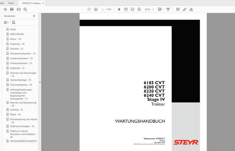 Unlock the full potential of your STEYR 6185, 6200, 6220, and 6240 Stage IV tractors with the comprehensive Service Manual (Part Number: 47950217). This PDF file is an essential resource for both seasoned mechanics and DIY enthusiasts, providing detailed insights into maintenance, troubleshooting, and repair procedures tailored specifically for your tractor model.