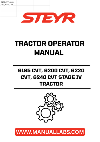 Enhance your operational efficiency with the STEYR 6185 CVT, 6200 CVT, 6220 CVT, and 6240 CVT Stage IV Tractor Operator Manual. This comprehensive guide is designed to provide you with essential information and insights to maximize the performance of your tractor. With clear instructions and detailed illustrations, you can easily navigate through the features and functionalities of your machine.