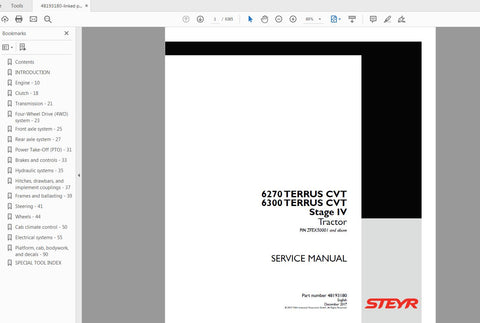 Unlock the full potential of your STEYR 6270 and 6300 TERRUS CVT Stage IV tractors with the comprehensive Service Manual (48193180) in PDF format. This essential guide provides detailed insights into maintenance, troubleshooting, and repair procedures, ensuring your machinery operates at peak performance.