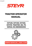 Discover the essential STEYR CVT Operator Manual, designed specifically for the CVT120, CVT130, CVT150, and CVT170 tractor models. This comprehensive guide provides detailed instructions and insights to help you operate your tractor efficiently and safely. With the serial number DBD0083255, you can ensure that you have the correct manual tailored to your specific machine.