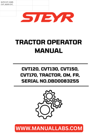 Discover the essential STEYR CVT Operator Manual, designed specifically for the CVT120, CVT130, CVT150, and CVT170 tractor models. This comprehensive guide provides detailed instructions and insights to help you operate your tractor efficiently and safely. With the serial number DBD0083255, you can ensure that you have the correct manual tailored to your specific machine.
