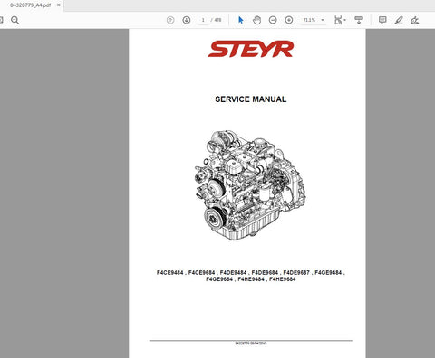 Unlock the full potential of your STEYR engine with the comprehensive Service Manual for models F4CE9484, 9684, F4DE9484, 9684, 9687, F4GE9484, 9684, and F4HE9484. This PDF file, catalog number 84328779, is an essential resource for both professionals and enthusiasts, providing detailed insights into maintenance, troubleshooting, and repair procedures.