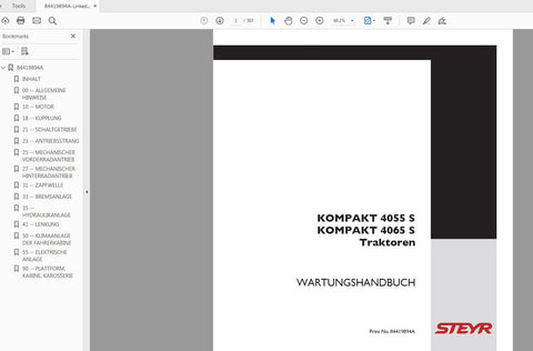 Unlock the full potential of your STEYR KOMPAKT 4055S and 4065S tractors with the comprehensive Service Manual (Part No. 84419894A). This PDF file is an essential resource for both seasoned mechanics and DIY enthusiasts, providing detailed insights into maintenance, troubleshooting, and repair procedures tailored specifically for your tractor model.
