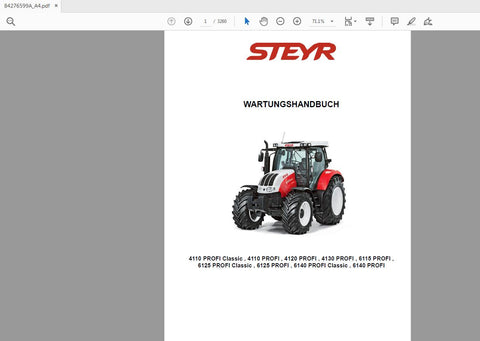 Discover the ultimate resource for your STEYR PROFI tractors with the comprehensive service manual for models 4110, 4120, 4130, 6125, and 6140. This PDF file, identified as 84276599A_A4, is designed to provide you with detailed insights and instructions to keep your machinery running smoothly.