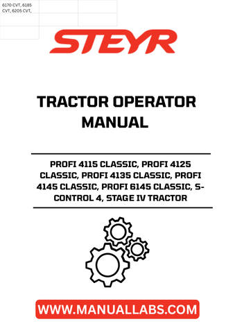 Discover the essential STEYR PROFI Operator Manual, designed specifically for the PROFI 4115, 4125, 4135, 4145, and 6145 CLASSIC models, as well as the S-CONTROL 4, STAGE IV tractors. This comprehensive guide provides detailed instructions and insights to help you maximize the performance and efficiency of your tractor.