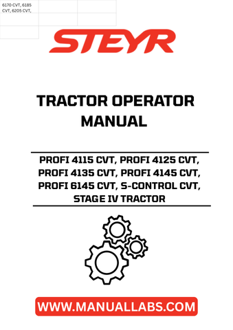 Discover the essential STEYR PROFI Tractor Operator Manual, designed specifically for the PROFI 4115 CVT, 4125 CVT, 4135 CVT, 4145 CVT, 6145 CVT, and S-CONTROL CVT models. This comprehensive guide provides detailed instructions and insights to help you maximize the performance and efficiency of your Stage IV tractor.