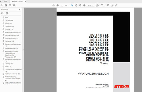 Unlock the full potential of your STEYR PROFI CVT tractor with the comprehensive service manual for models 4110, 4120, 4130, 6125, and 6140 ET CLASSIC. This PDF file, catalog number 47665877, is an essential resource for both seasoned mechanics and DIY enthusiasts, providing detailed insights into maintenance, troubleshooting, and repair procedures.