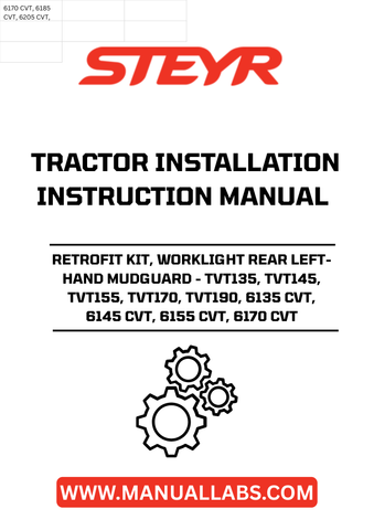 Upgrade your STEYR tractor with the Retrofit Kit for the Worklight Rear Left-Hand Mudguard, designed specifically for models TVT135, TVT145, TVT155, TVT170, TVT190, 6135 CVT, 6145 CVT, 6155 CVT, and 6170 CVT. This essential kit enhances visibility and safety during nighttime operations, ensuring you can work efficiently in low-light conditions.