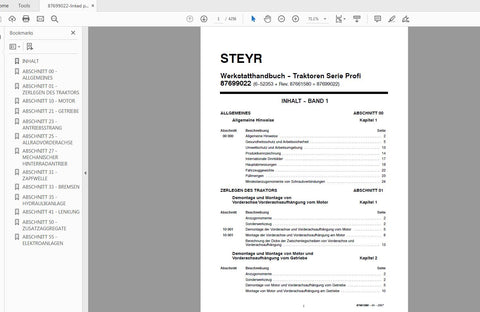 Discover the ultimate resource for your STEYR tractor with the STEYR Tractor Series Profi Service Manual (Part No. 87699022, 6-52353 + Rev 87661580). This comprehensive PDF file is designed to provide you with detailed insights and instructions for maintaining and servicing your tractor efficiently.