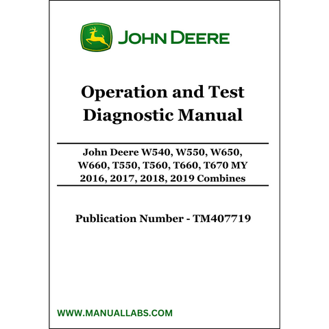 John Deere W540, W550, W650, W660, T550, T560, T660, T670 MY 2016, 2017, 2018, 2019 Combines Operation and Test Diagnostic Manual TM407719 - PDF File Download