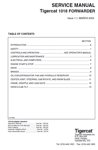 TIGERCAT 1018 FORWARDER REPAIR MANUAL