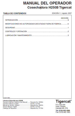 TIGERCAT H250B HARVESTER USER MANUAL