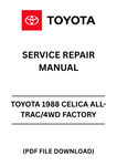 Revitalize your classic ride with the Toyota 1988 Celica All-Trac/4WD Factory Service Repair Manual in PDF format. This comprehensive guide is an essential resource for any enthusiast or mechanic looking to maintain, repair, or restore their vehicle to its original glory. With detailed diagrams, step-by-step instructions, and factory specifications, you’ll have everything you need at your fingertips.