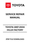 Unlock the full potential of your Toyota Hilux with the comprehensive 1997-2004 Factory Service Repair Manual in PDF format. This essential guide provides detailed instructions, diagrams, and specifications to help you perform maintenance and repairs with confidence. Whether you're a seasoned mechanic or a DIY enthusiast, this manual is your go-to resource for keeping your vehicle in top condition.