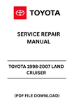 Unlock the full potential of your 1998-2007 Toyota Land Cruiser with our comprehensive Service Repair Manual in PDF format. This essential guide provides detailed instructions, diagrams, and specifications to help you tackle any maintenance or repair task with confidence. Whether you're a seasoned mechanic or a DIY enthusiast, this manual is your go-to resource for keeping your vehicle in peak condition.